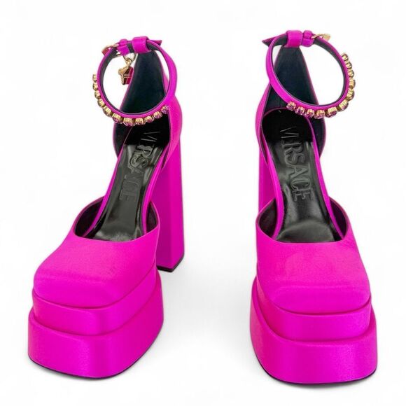 VERSACE Aevitas Fuchsia Crystal-Embellished Platform Block Heel Pumps Si… - Picture 12 of 17